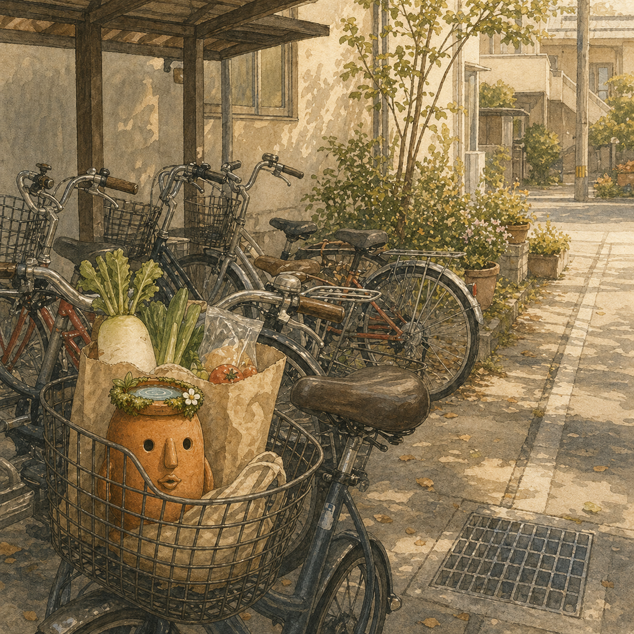 自転車のかごで野菜と一緒にいるNIWAPA