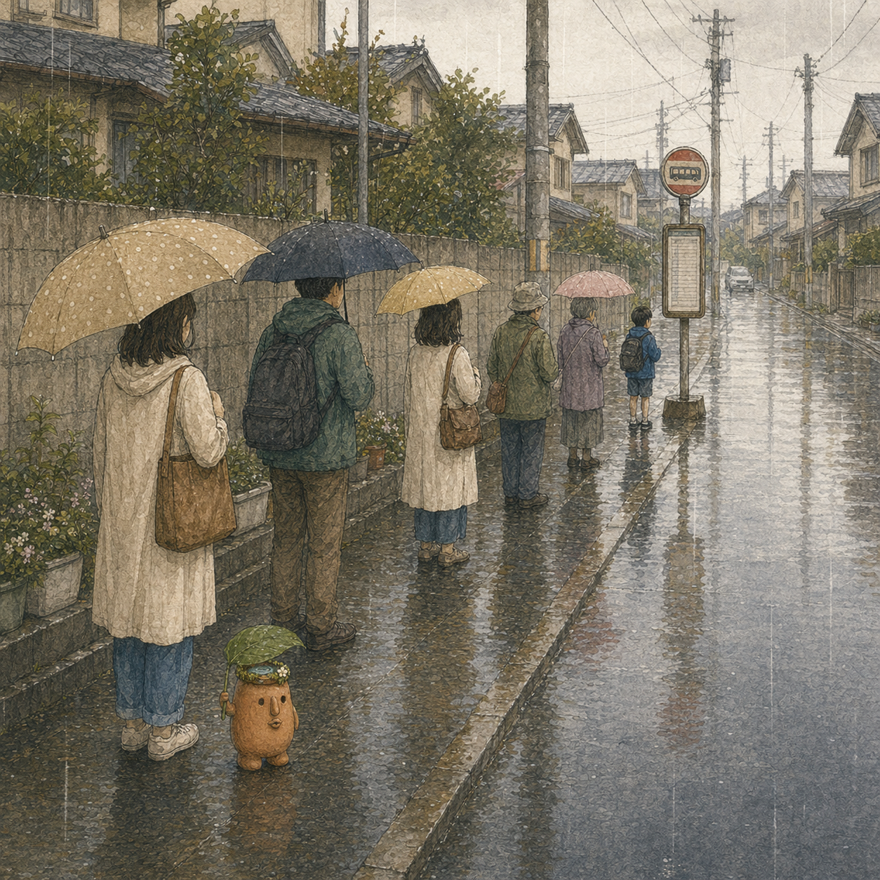 雨の住宅街のバス停で列に並ぶNIWAPA